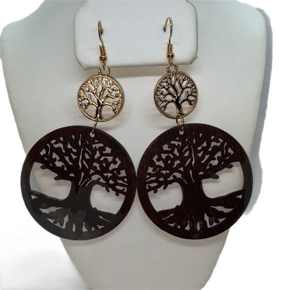 NWT Brown Wood Gold-Tone Tree of Life Laser Cut-Out Dangle Earrings